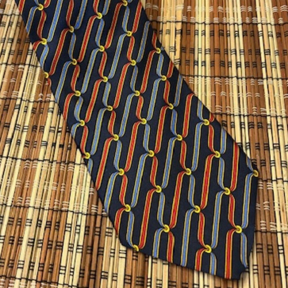 BROOKS BROTHERS Makers Silk Tie Navy With Red and Blue Ribbons With Gold Rings